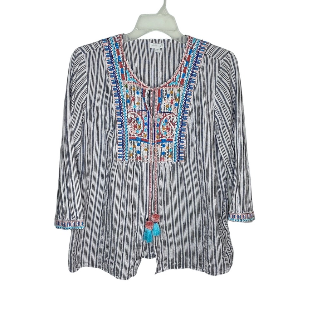 J. Jill Love Linen Embroidered Striped Tassel Tunic Blouse Grey White Large